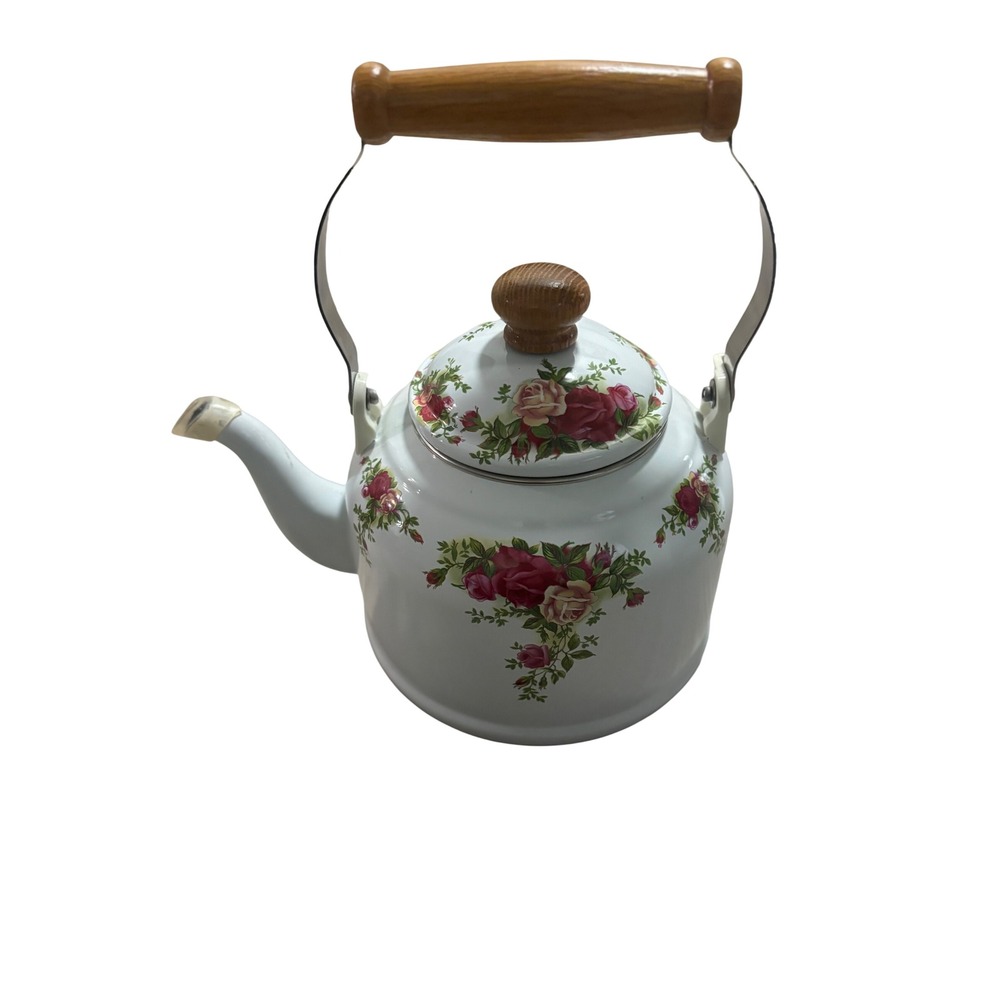 Vintage Royal Albert Tea Kettle White Stovetop Pot Wood Handle Rose Pattern‎